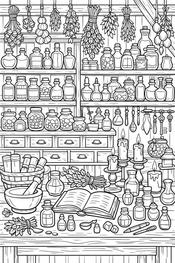 Apothecary Shop, free printable coloring page