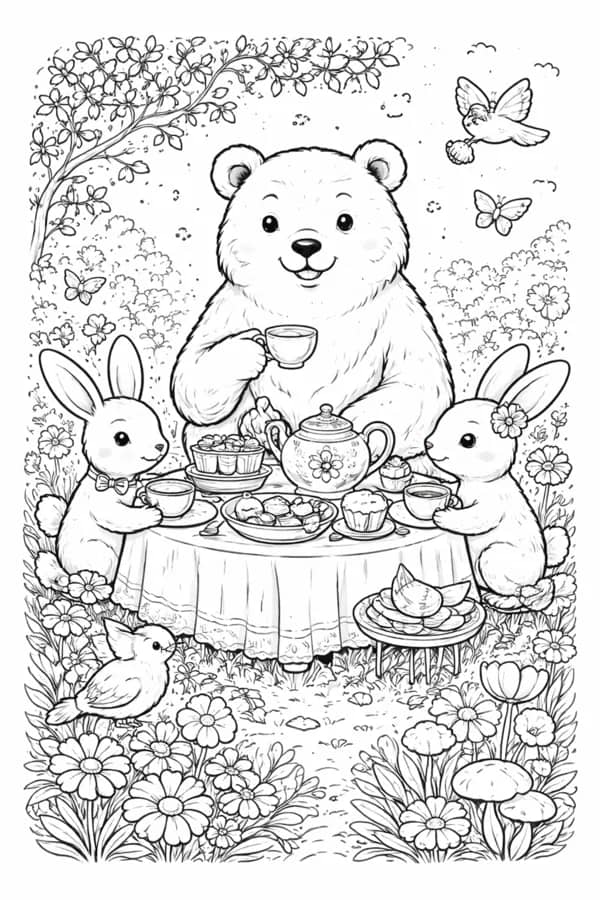 Bear Tea Party, free printable coloring page