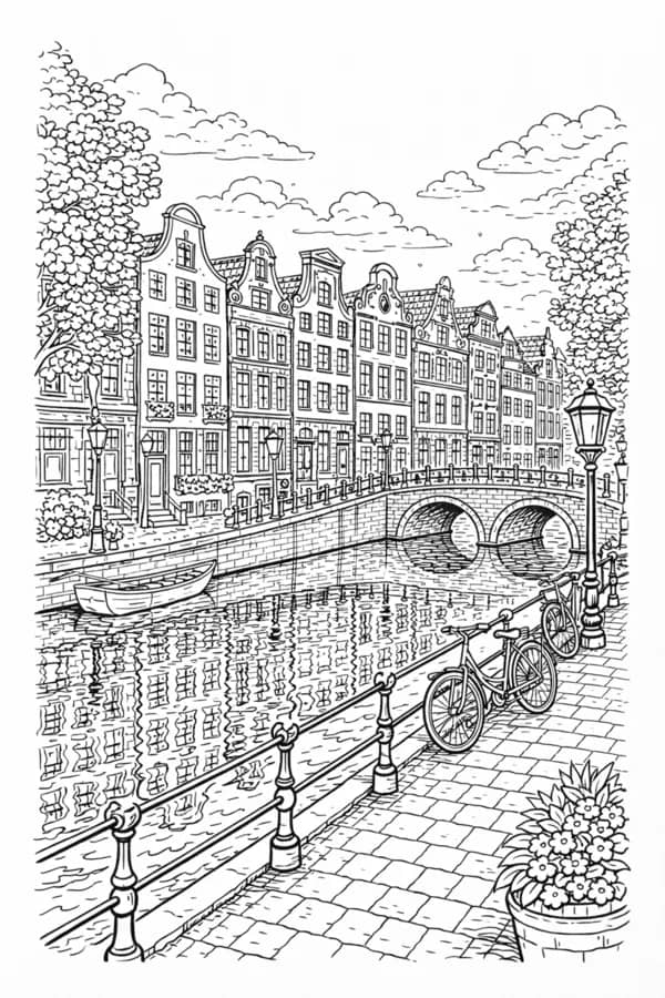 Canal Houses, free printable coloring page