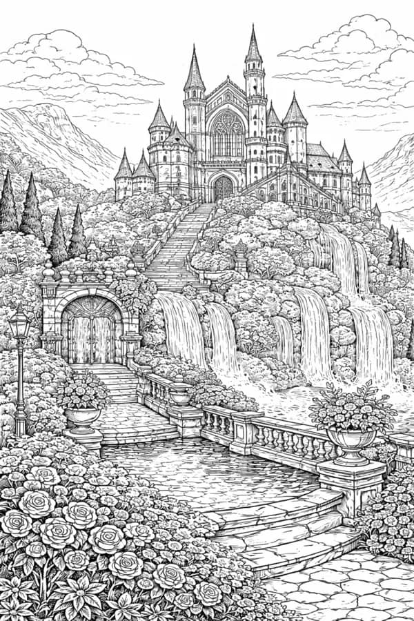Hillside Village, free printable coloring page