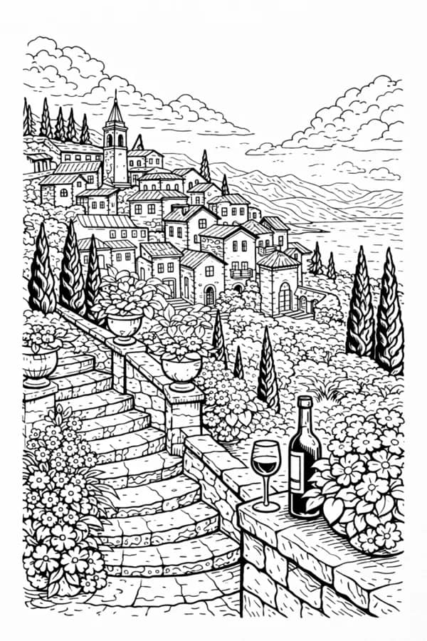 Italian Village, free printable coloring page
