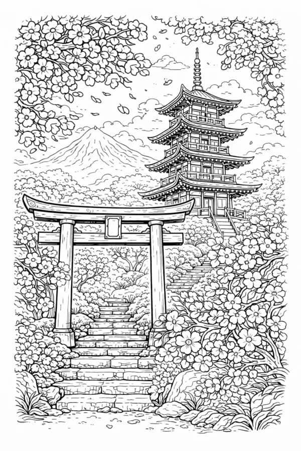 Japanese Pagoda, free printable coloring page