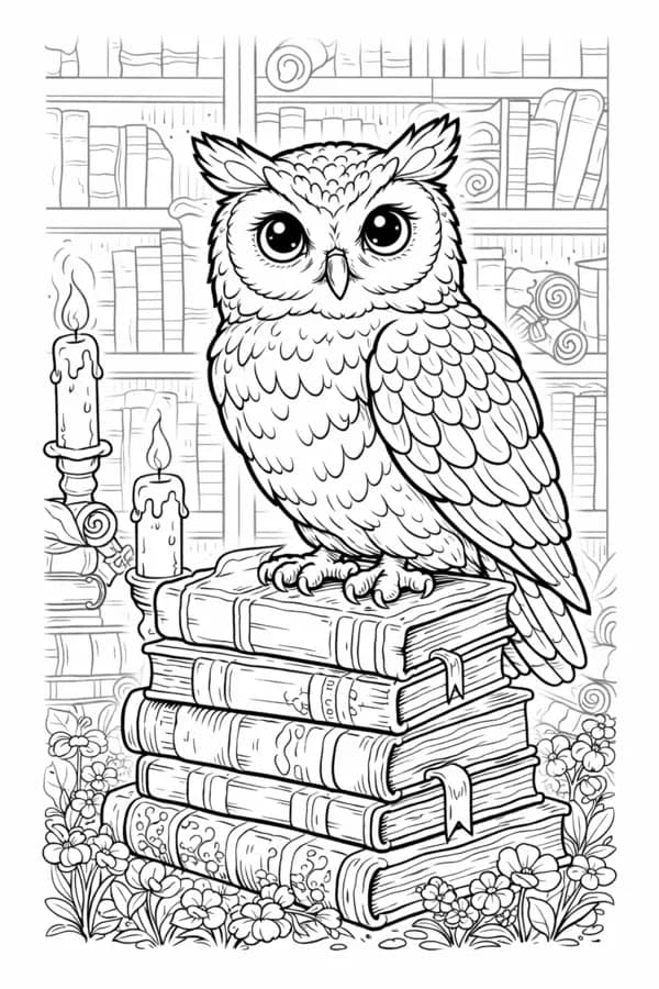 Library Owl, free printable coloring page