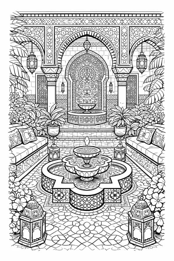 Moroccan Riad, free printable coloring page