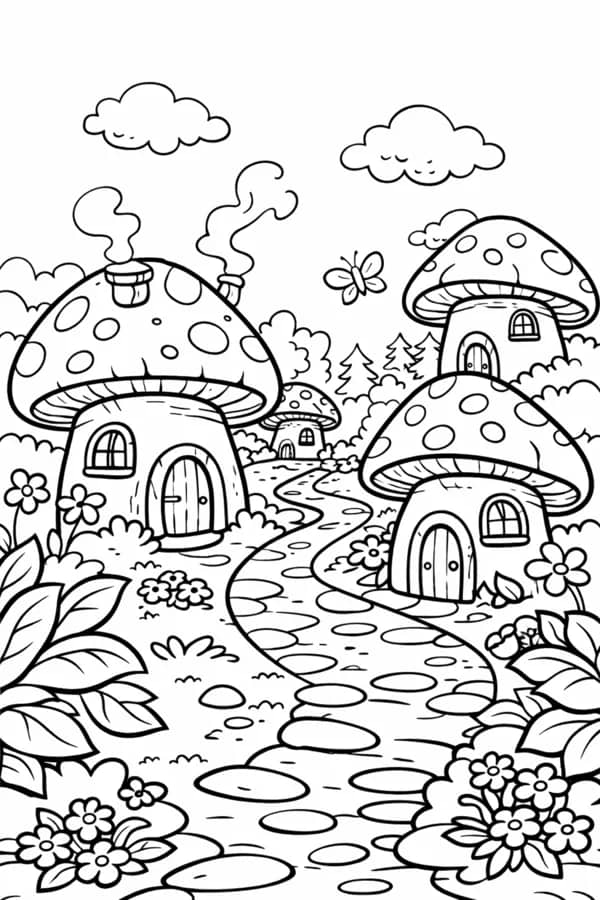 Mushroom Village, free printable coloring page