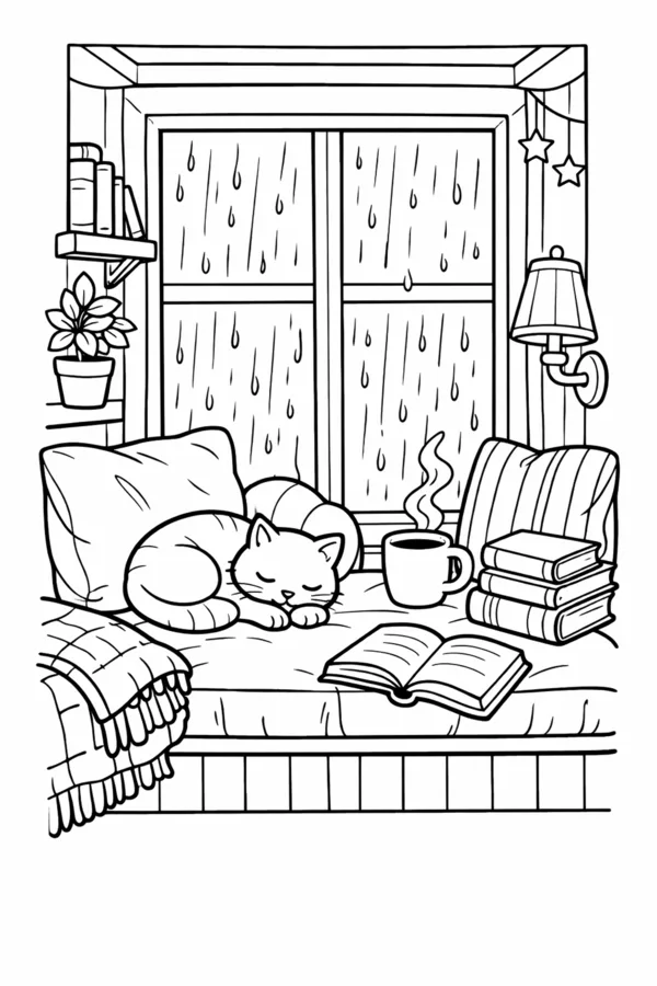 Reading Nook, free printable coloring page