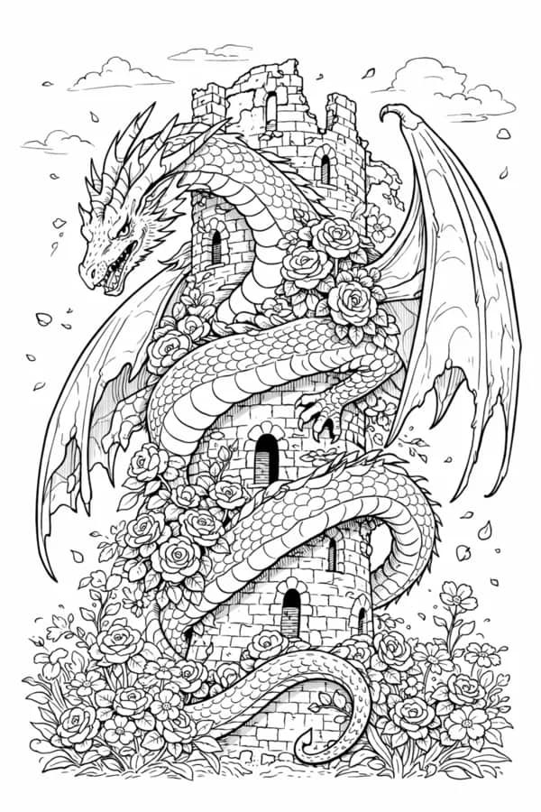 Rose Dragon, free printable coloring page