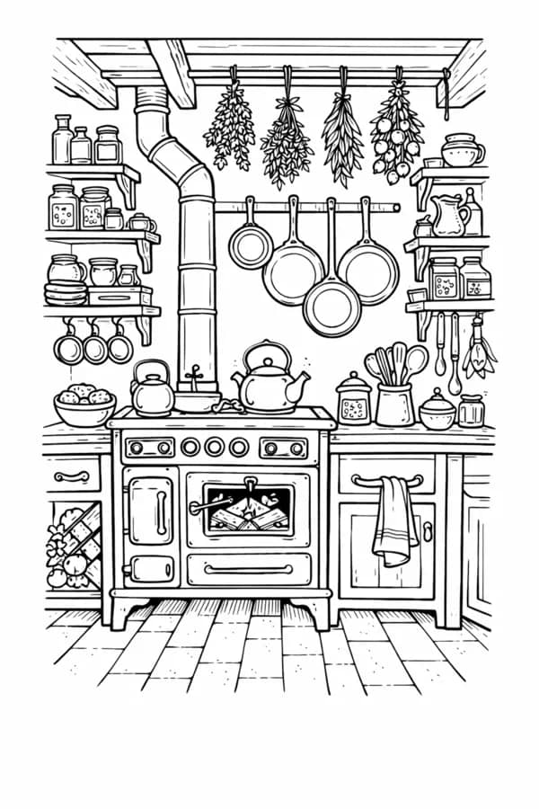 Vintage Kitchen, free printable coloring page