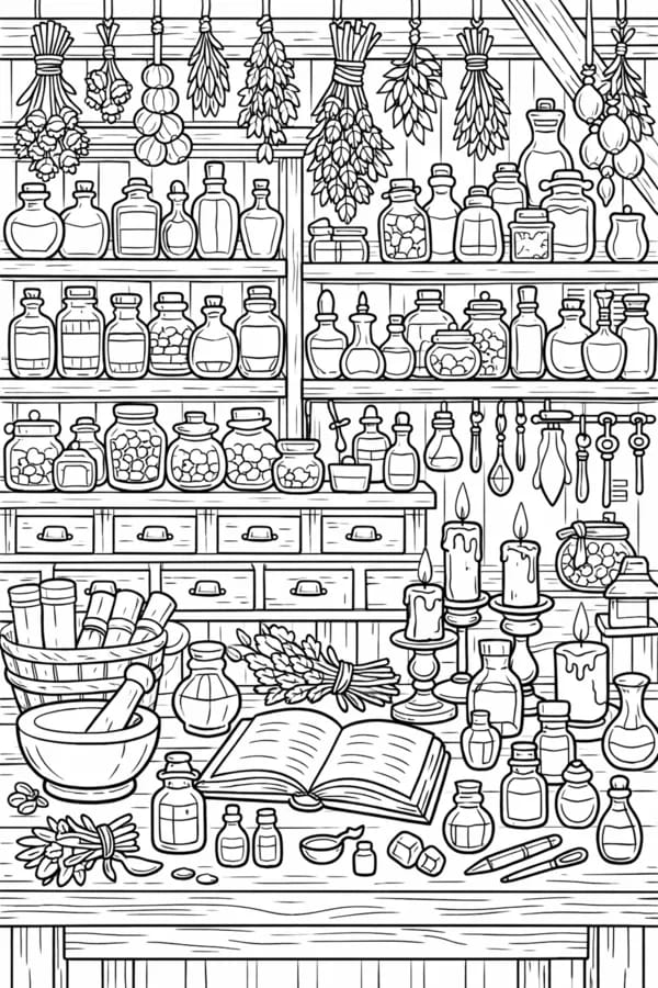 Apothecary Shop, free printable coloring page from ColorFilla