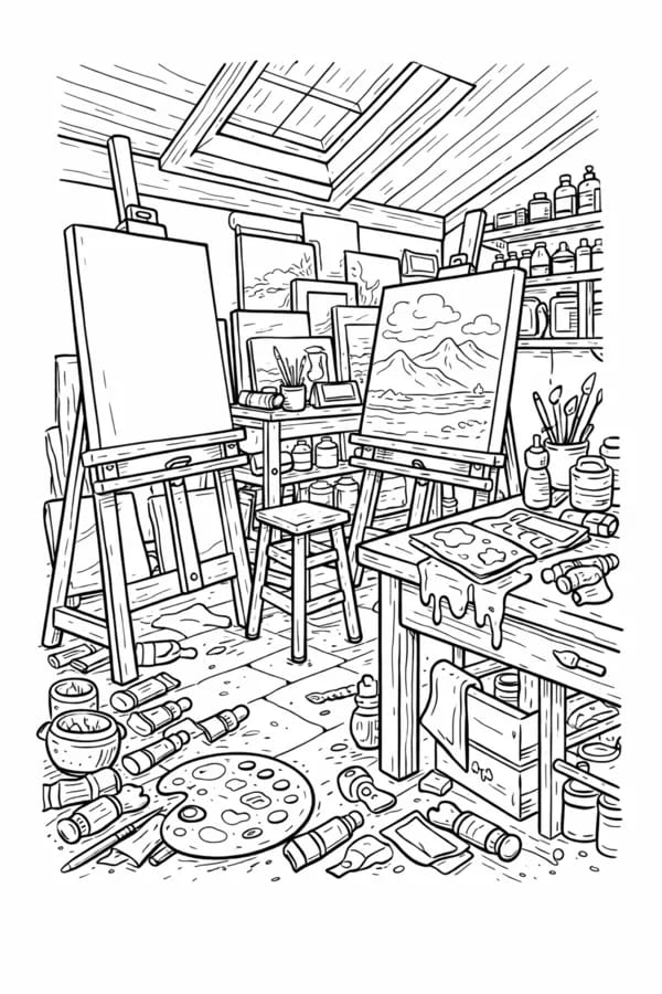 Artist's Studio, free printable coloring page from ColorFilla