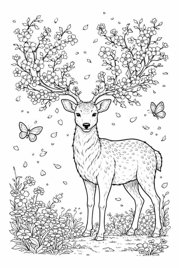 Blossom Deer, free printable coloring page from ColorFilla
