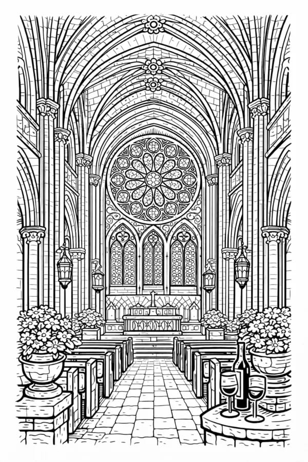 Gothic Cathedral, free printable coloring page from ColorFilla