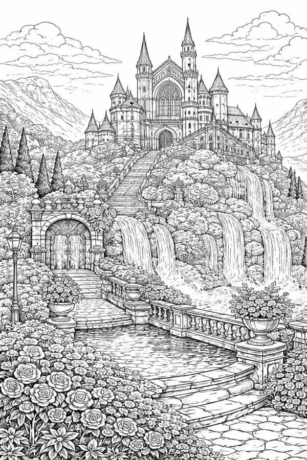 Hillside Village, free printable coloring page from ColorFilla
