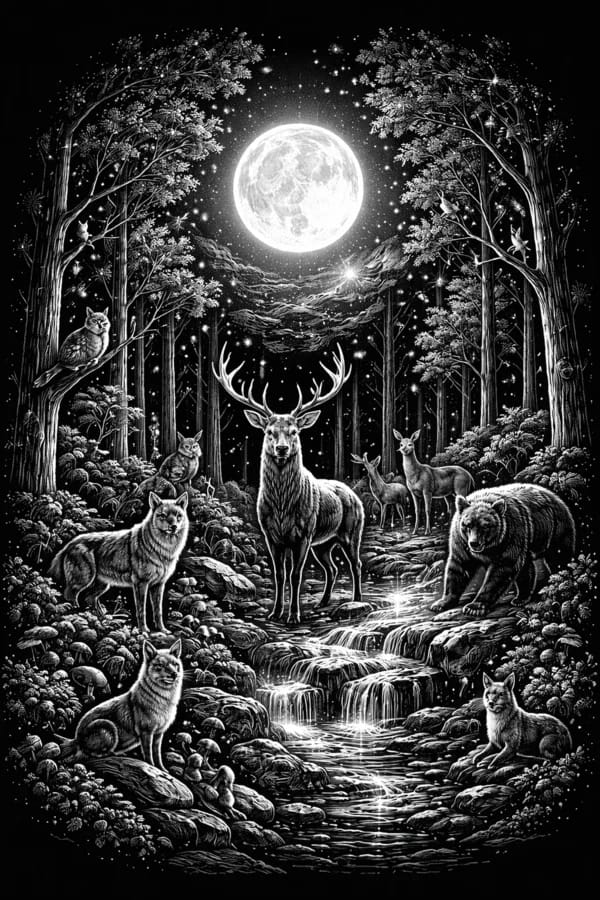 Moonlit Forest, free printable coloring page from ColorFilla