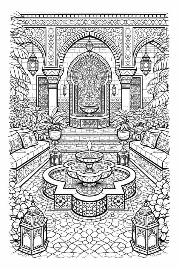 Moroccan Riad, free printable coloring page from ColorFilla