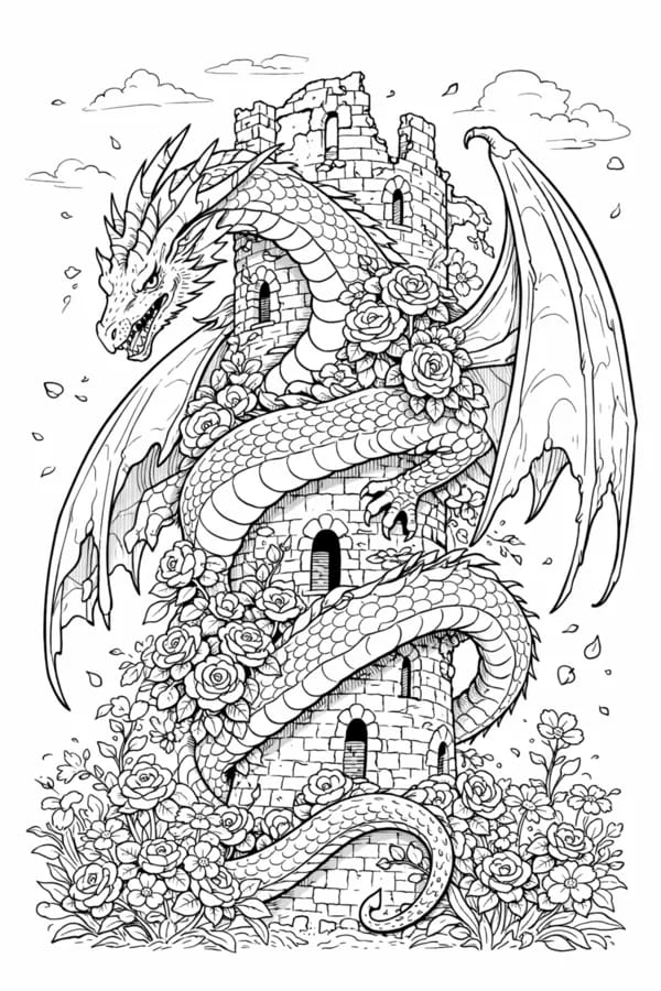 Rose Dragon, free printable coloring page from ColorFilla