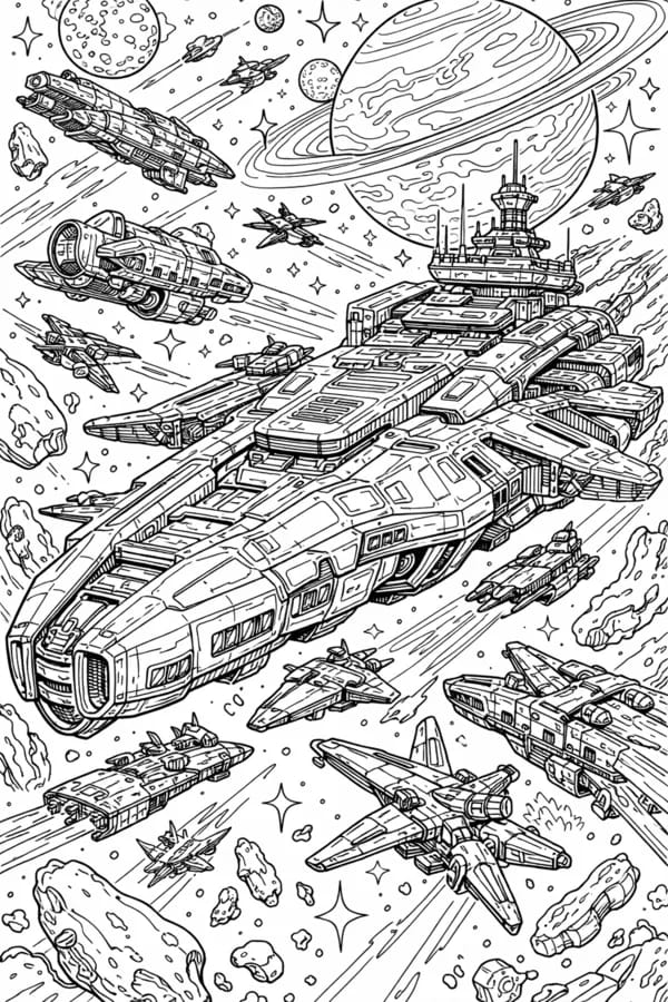 Starship Fleet, free printable coloring page from ColorFilla