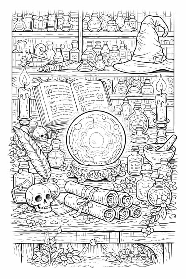Wizard's Desk, free printable coloring page from ColorFilla