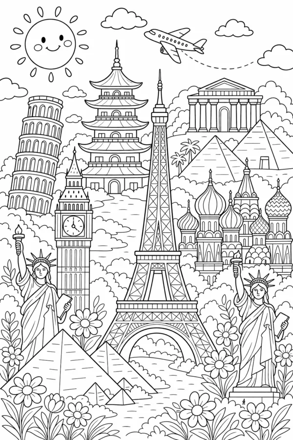 World Landmarks, free printable coloring page from ColorFilla