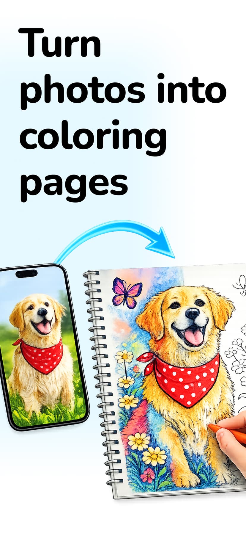 ColorFilla app converting a photo of a dog into a coloring page